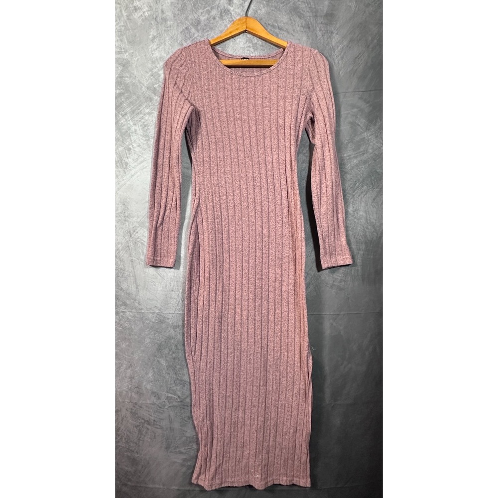Shein Long Bodycon Dress Womens 4 Dusty Rose Ribbed Knit Split Thigh Round Neck
